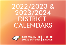White text on a red and yellow gradient  reading 2022/2023 & 2023/2024 District Calendars with the District Logo at the bottom
