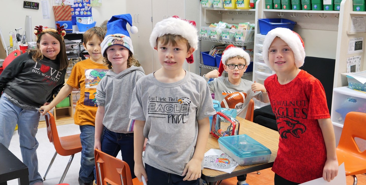 A group of Big Walnut Elementary students pose with their Christmas hats